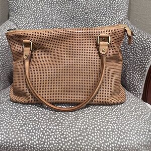 Milo leather handbag, shoulder strap, saddle color